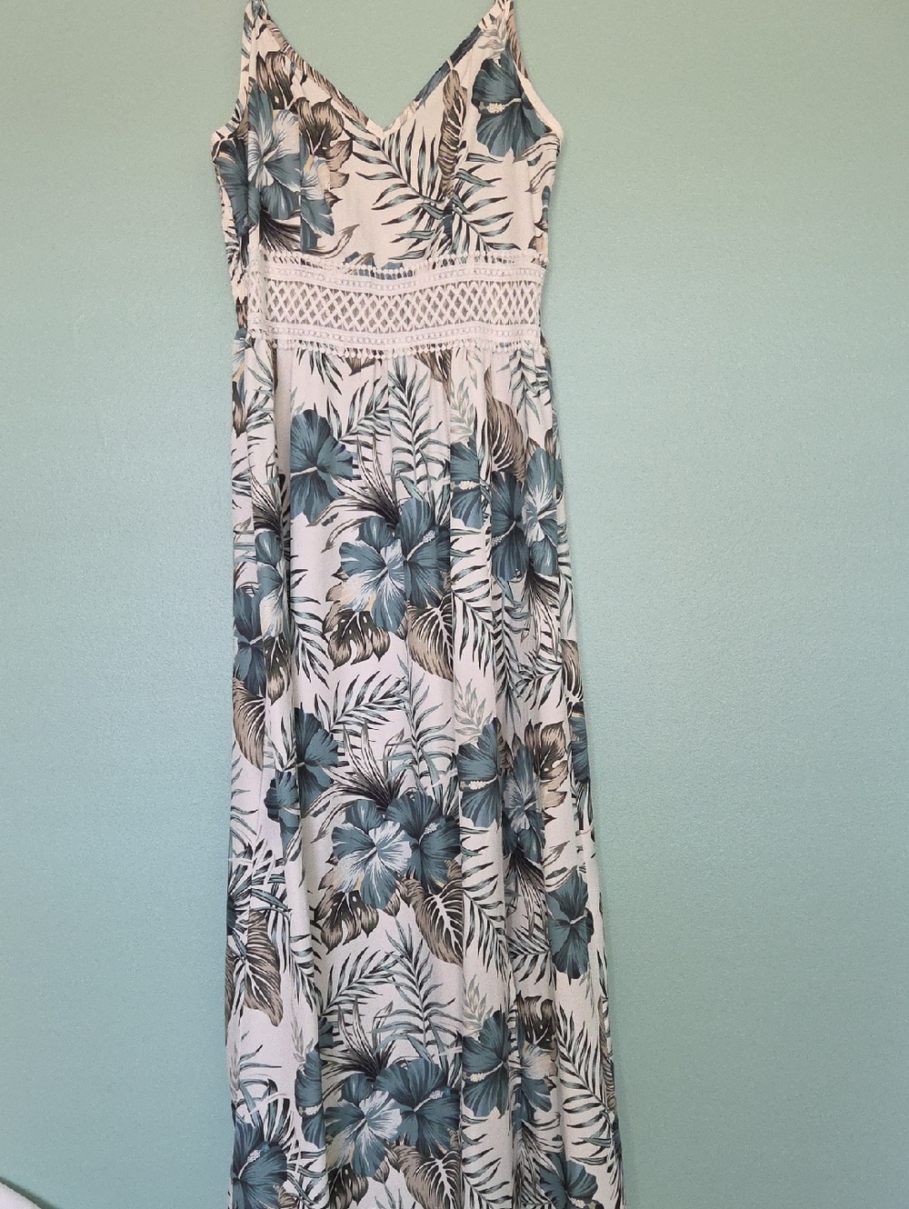 Floral V-Neck Maxi Dress - Teal & White w/Side Slit
